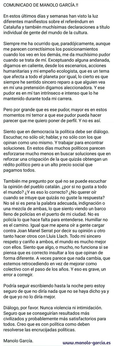 Comunicado de #ManoloGarcía.!!