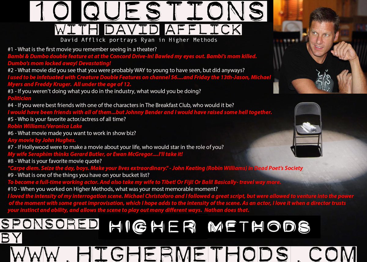 highermethods's tweet image. Excited to share 10 QUESTIONS w/ David Afflick.  David portrayed Ryan in @highermethods.  #10Questions #HigherMethods #Setlife #indiefilm