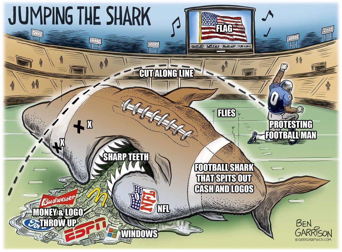 GrrrLabels's tweet photo. @GrrrGraphics @NFL Dad says black people are fine and that they are overreacting. Then he went on to draw a weird football fish thing that vomits money &amp; logos https://t.co/0xw9QuaxbR