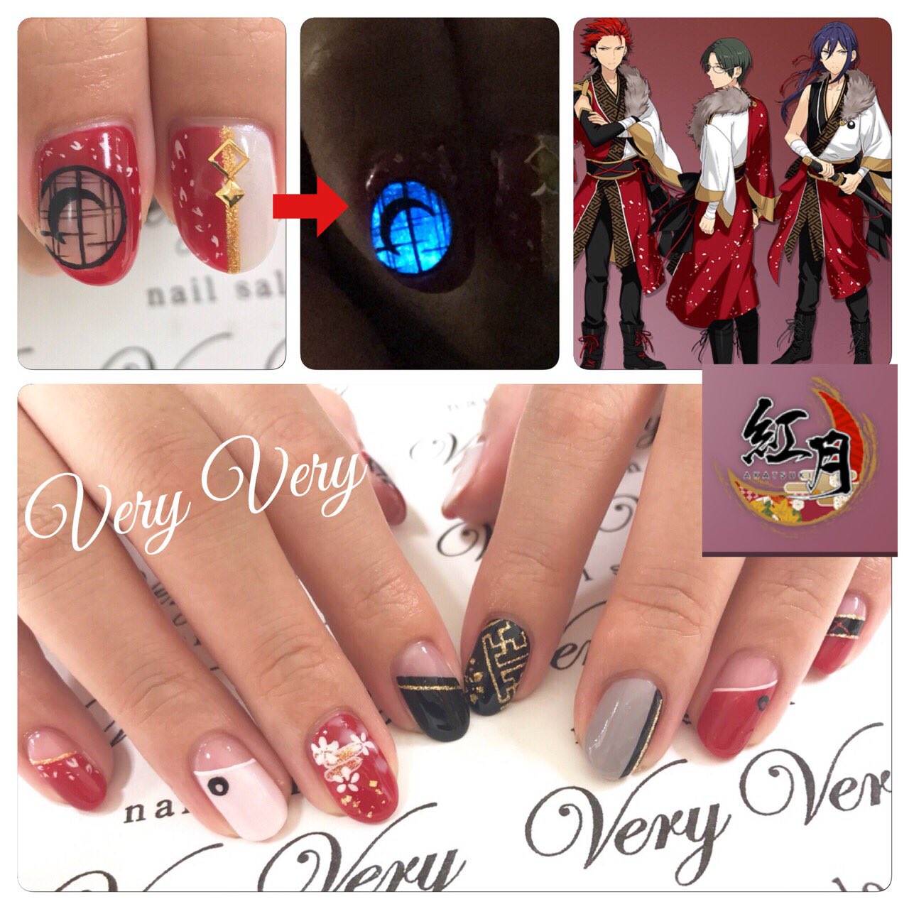 ネイルサロンveryvery あんスタネイル 紅月ネイル 窓から差し込む月明り 光るネイル 手描きネイル あんさんぶるスターズ ネイルサロンベリーベリー ネイルサロンveryvery あんスタ 紅月 痛くない痛ネイル モチーフネイル 蓮巳敬人 鬼龍紅郎