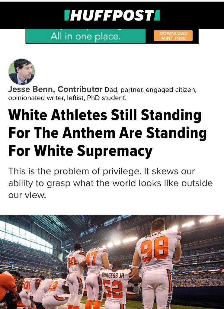 HuffPo: White atheletes standing for anthem are white supremacists
