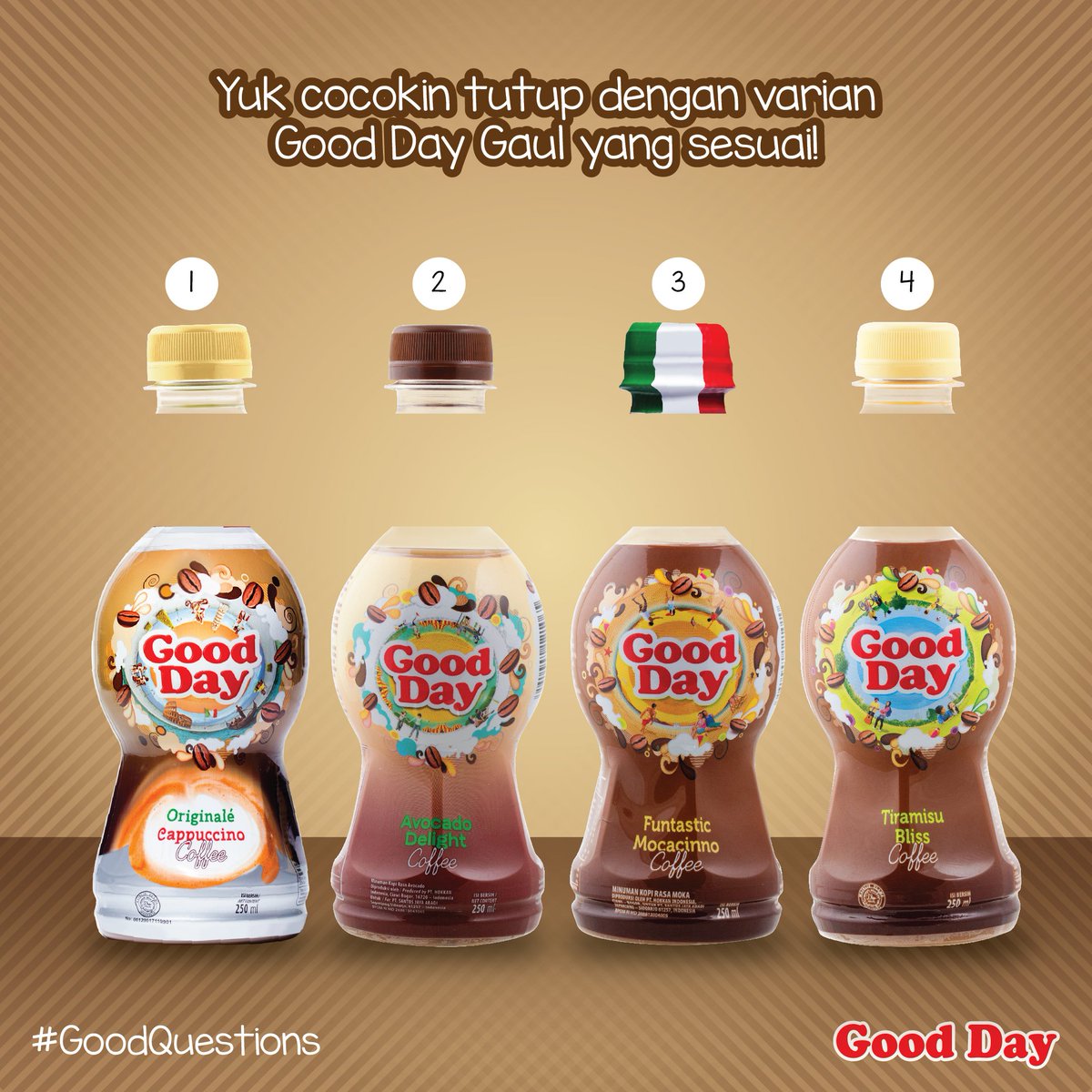 GoodDayID's tweet photo. Bisa nggak GoodFriends cocokkin tutup botol mana yang tepat? #GoodQuestions https://t.co/VAuW4MP5QN