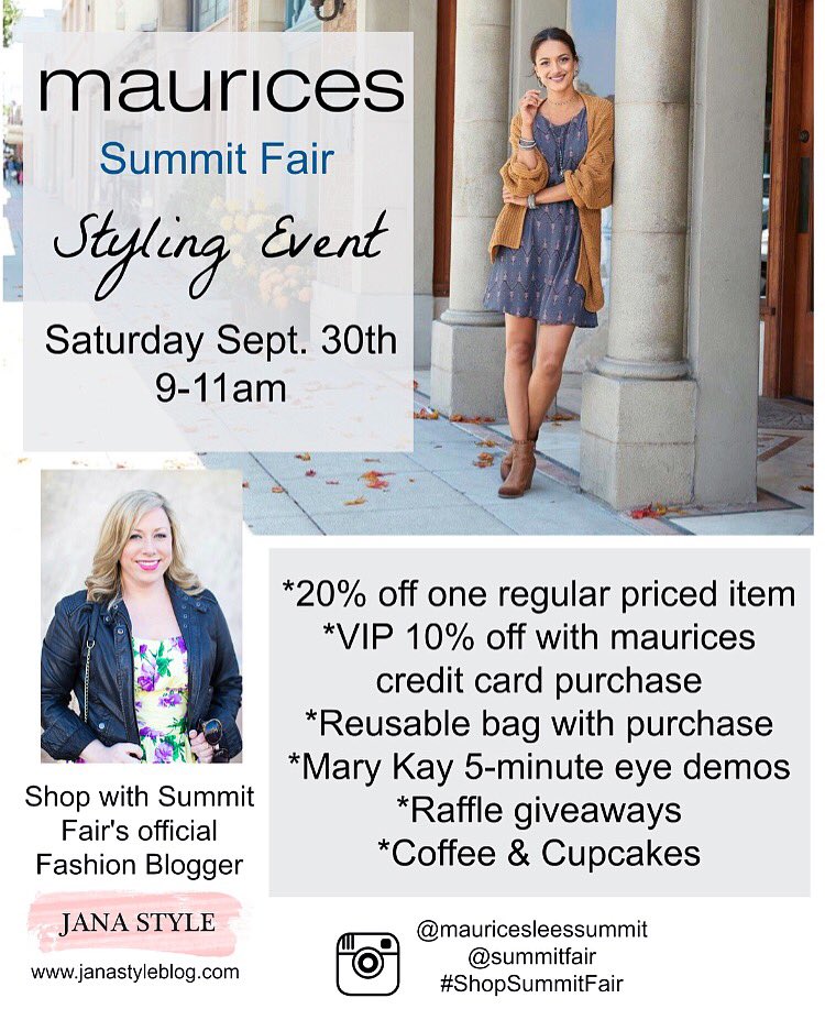 Jana_Meister's tweet photo. Join me for the Fall Style Event! 9.30.17 at @maurices Summit Fair! #ShopSummitFair #sponsored https://t.co/GqqYiPlqZS