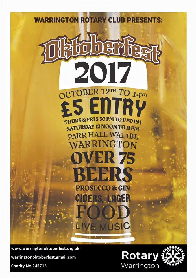 Looking forward to this years <a href="/WRotary/">Warrington Rotary</a> Oktoberfest starting on Oct 12th, entry just £5
🍻Over 75 beers
🍏Cider
🍔Food
🍸Prosecco
🎤 Live Music