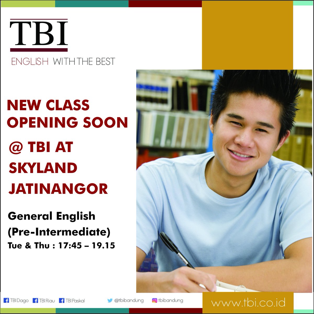 Save your seat in TBI's classes now!
Another class is opening this week at TBI at Skyland Jatinangor. #GeneralEnglish #backtocampus