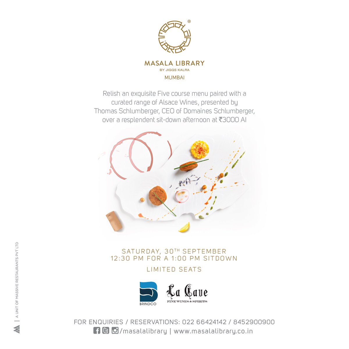 MasalaLibrary's tweet image. Relish the delicacies from @MasalaLibrary, Mumbai​, paired with curated range of Alsace wines at resplendent sit-down afternoon on Sept 30.