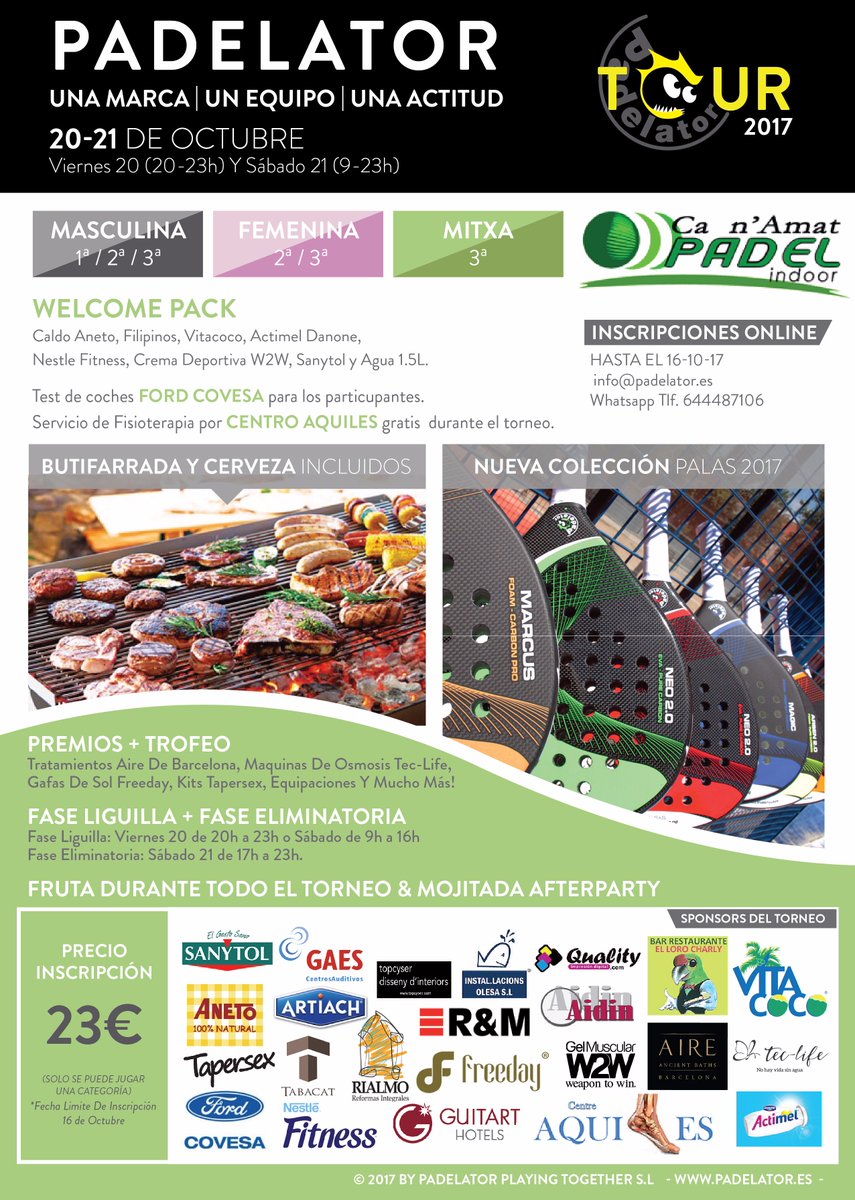 5º TORNEO #padel PADELATOR en #PadelIndoor Ca n'Amat los días VIERNES 20 (20-23h) y SÁBADO 21 (9-23h). 
FORMULARIO: goo.gl/forms/k7pTwmWW…