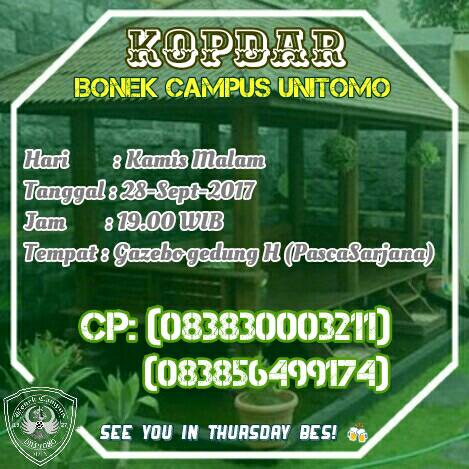 bonekunitomo's tweet photo. Catet agenda rutin kita dn nambah seduluran, tak enteni yaa utk Mahasiswa Unitomo 😊 see you~ WANI !!!
#BonekCampus
#KHGK
#Unitomo
#Wani https://t.co/J3wfRKBi4T
