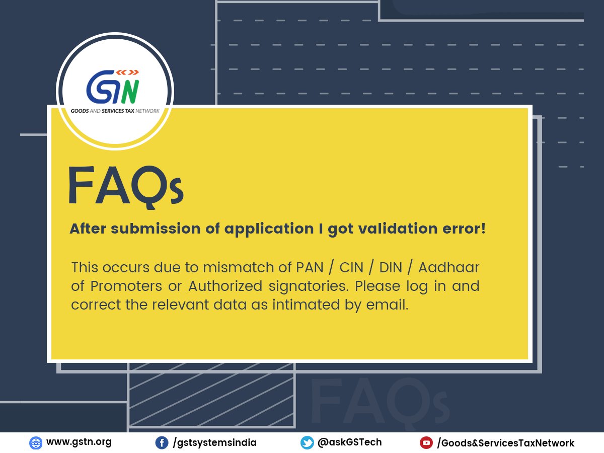 Infosys_GSTN's tweet image. Taxpayers guide to avoid getting Validation Error while submitting application.
#FAQ #ValidationError