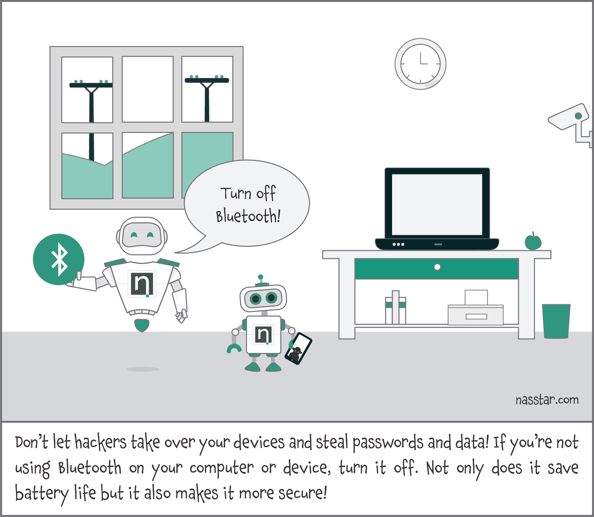 TheNassbot's tweet photo. Have you left your #Bluetooth on? A #hacker could be taking over your #device to steal your #passwords &amp; #data. #Security #CyberSecurity https://t.co/zSpeblil23