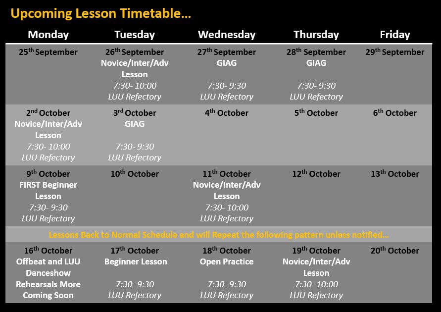 LeedsDancesport's tweet photo. Our upcoming lesson timetable... we know it's gets confusing! Trust me it gets easier! #learntodance #ballroom #latin #LUU https://t.co/Yc1SAlRqVL
