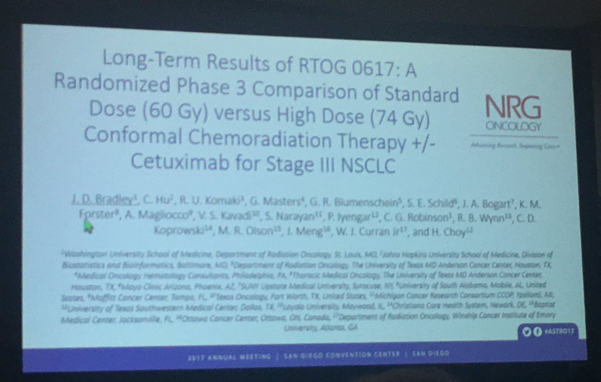 DrewMoghanaki's tweet photo. RTOG 0617 update: 60Gy CRT resulted in 5yOS= 32%. Very high for this group. Reminder: achieved w/o elective nodal coverage. #ASTR017 #radonc https://t.co/oaYmsqvUhy