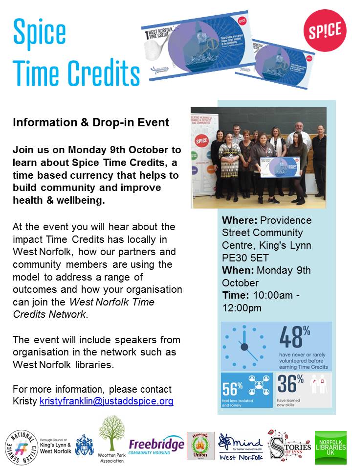 WN_TimeCredits's tweet image. Join us on 9th Oct to find out about @WN_TimeCredits &amp;amp; how your organisation/group can get involved with @justaddspice 
#WestNorfolkNetwork