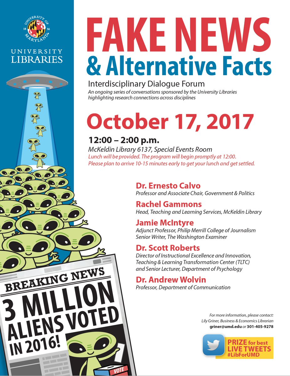 We're excited to see <a href="/rwgammons/">Rachel Gammons</a> &amp; other intelligent people talk about demonstrable facts and reason contra #FakeNews nonsense <a href="/UMDLibraries/">UMD Libraries</a>