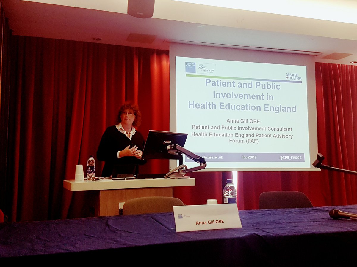 KUHSSCE's tweet photo. What is the patient and public involvement in Health Education England? Anna Gill OBE is presenting at the #CPE2017 conference. @CPE_FHSCE https://t.co/OaszSbsZmK