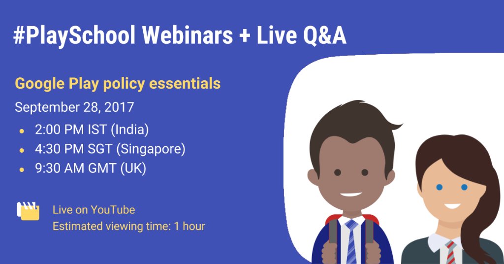 GooglePlayBiz's tweet photo. Join us tomorrow for the #GooglePlay webinar on top policy issues + live Q&amp;A! Watch it here: https://t.co/Quc3BKRoOG #AndroidDev https://t.co/LBHYqMPDNm