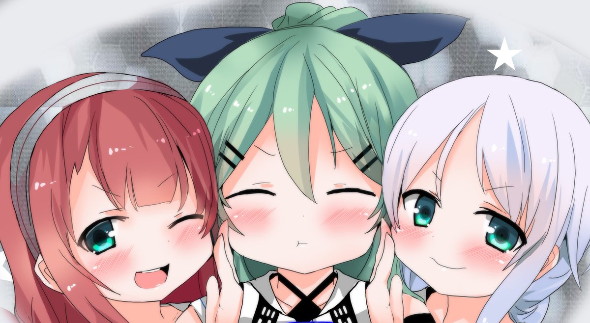 kawakaze (kancolle) ,umikaze (kancolle) ,yamakaze (kancolle) 3girls multiple girls one eye closed red hair green hair smile long hair  illustration images