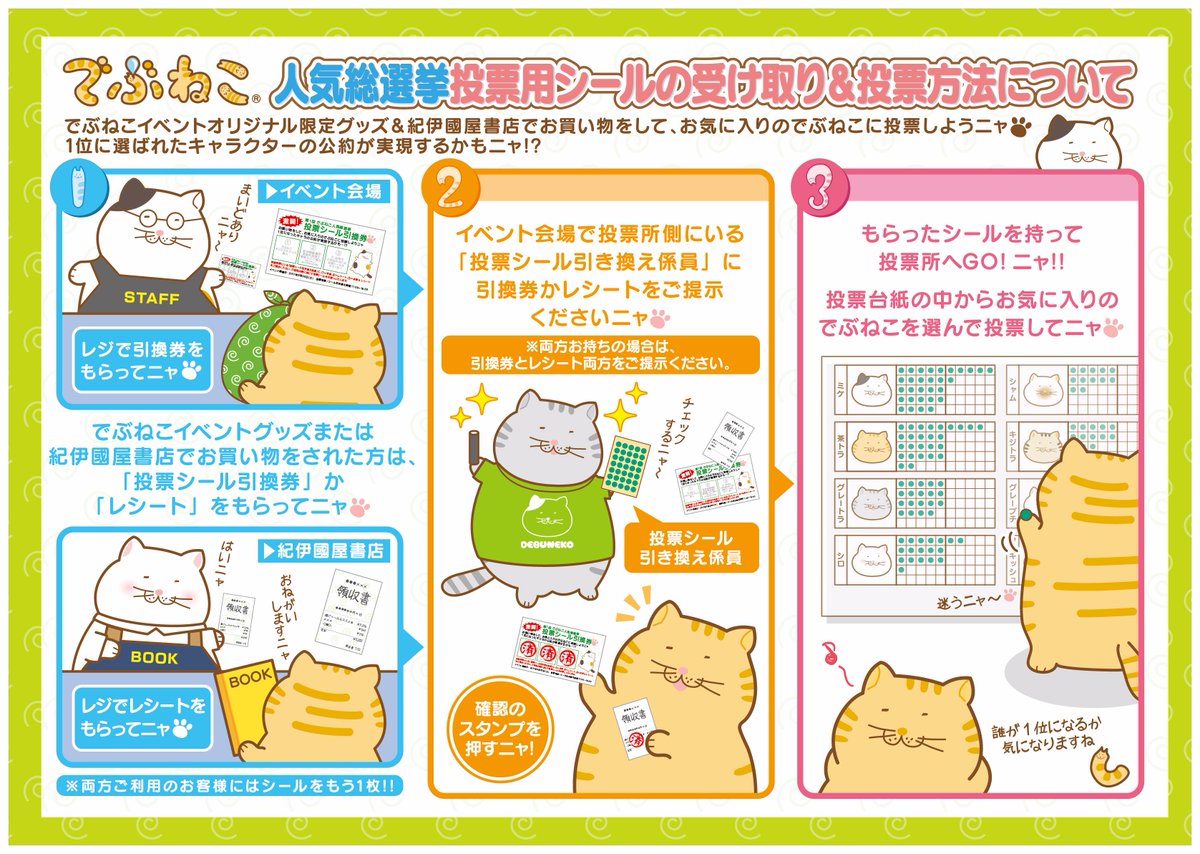 でぶねこ 公式 Pa Twitter でぶねこ総選挙について イベントグッズ 紀伊國屋書店でお買い物をした方に でぶねこ総選挙 で 投票できるシールをお渡しするニャ シールの受け取りについてはイラストを確認してニャ 是非 お気に入りのねこに投票してニャ でぶねこ 公式 Pa Twitter でぶねこ総選挙について イベントグッズ 紀伊國屋書店でお買い物をした方に でぶねこ総選挙 で 投票できるシールをお渡しするニャ シールの受け取りについてはイラストを確認してニャ 是非 お気に入りのねこに投票してニャ