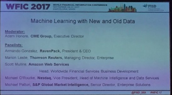 stephenwmorse's tweet photo. Now talking “Machine Learning with New and Old Data” ...More on #AltData #AI at #WFIC2017 Day 3 https://t.co/VHHhTbywBW
