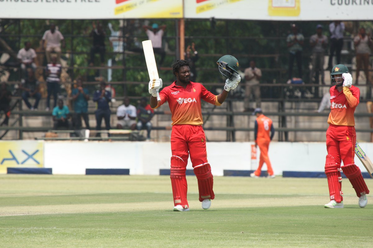CENTURY! <a href="/kingsoly21/">Solomon Mire</a> smacks another maximum into the stratosphere to reach 104 off 92 balls, including 9 fours &amp; 5 sixes! Awesome! #ZIMvNED