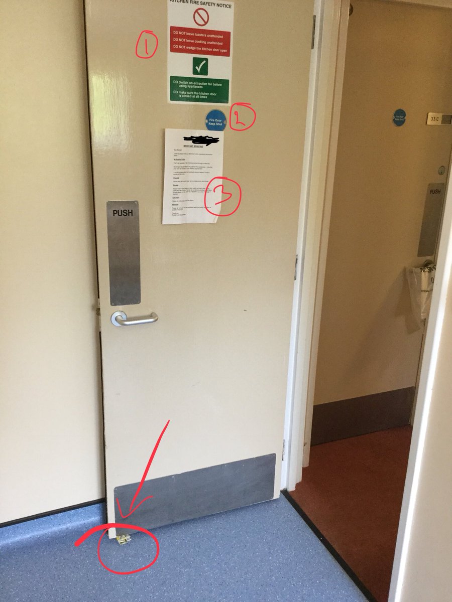 firedoorguy's tweet photo. Old one but a good (???) one. Medical student accommodation. All at work. 3 signs on door saying don’t wedge the door..
#FireDoorSafetyWeek https://t.co/Gqma23HUxQ