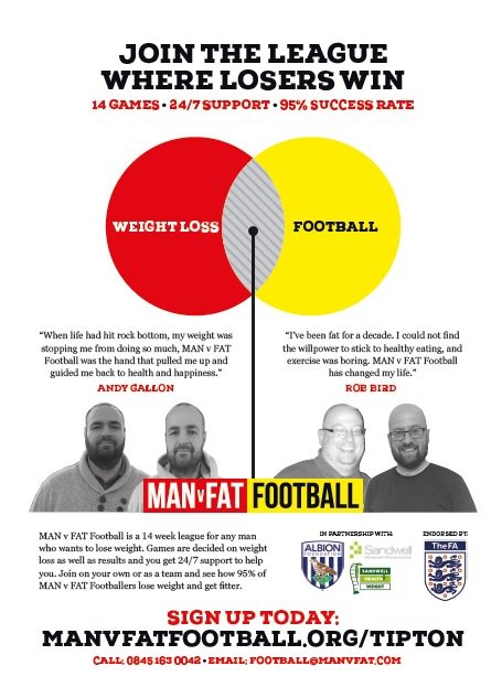 WBAFoundation's tweet photo. ⚽ A new @manvfat football league will start at The RSA Academy on 13th October!

 All you have to lose is weight...

@sandwellcouncil

#WBA https://t.co/VNm24gielc