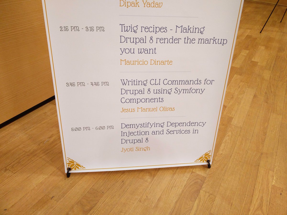 jmolivas's tweet image. I will be speaking at #DrupalCon today 3:45 room Lehar 4. Writing CLI Commands for #Drupal8 using Symfony Components #DrupalConsole