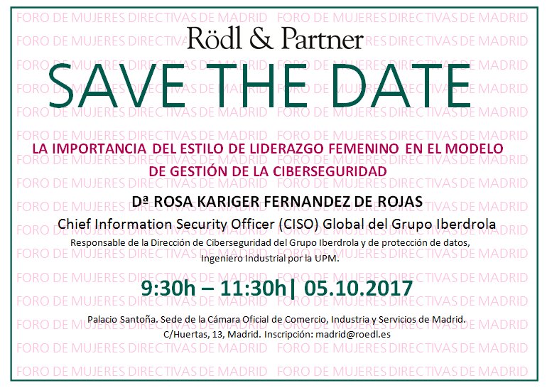 RoedlSpain's tweet photo. Falta una semana para el  #ForoDeMujeresDirectivas de @RoedlSpain con @RKariger, #CISO del Grupo IBERDROLA. Inscripción: madrid@roedl.es https://t.co/Zbrs0Ixi1a
