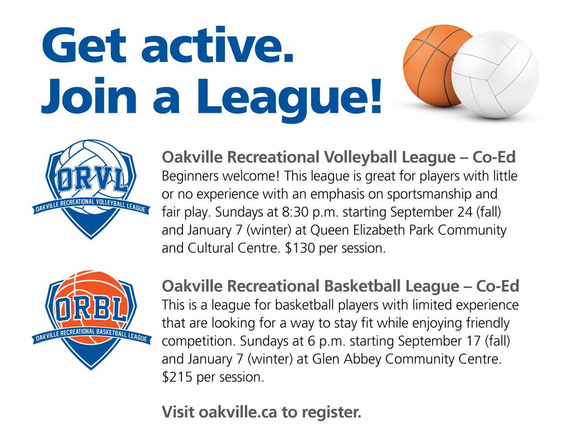 We're excited to introduce rec volleyball & basketball leagues for adults. Register today! secure.oakville.ca/iris/Start/Sta… https://t.co/xIBv8hfddI