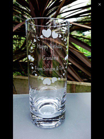 SentimentsGlass's tweet image. Engraved Hearts and Flowers Vase. £12.99 plus p&amp;amp;p. #handmade #glass #gift #personalised #birthday #mothersday #grandma #vase