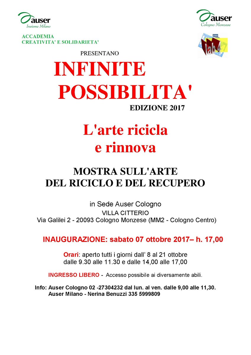 AuserMi's tweet photo. Mostra Arte Riciclo: Inaugurazione sede Auser 7/10/2017 ore 17.00,Villa Citterio, Cologno M. #mostra #arte #riciclo #auser #cologno #Milano https://t.co/03m7pTk0Iv