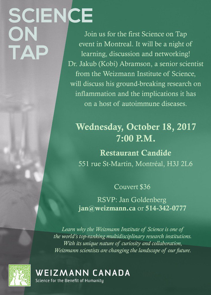 WeizmannCanada's tweet photo. For the first time in Montreal, please join us for Science on Tap with Dr. Jakub (Kobi) Abramson!

#Montreal #Events #Science #research #Scienceforthebenefitofhumanity #WeizmannCanada https://t.co/tkbVQPbhoC