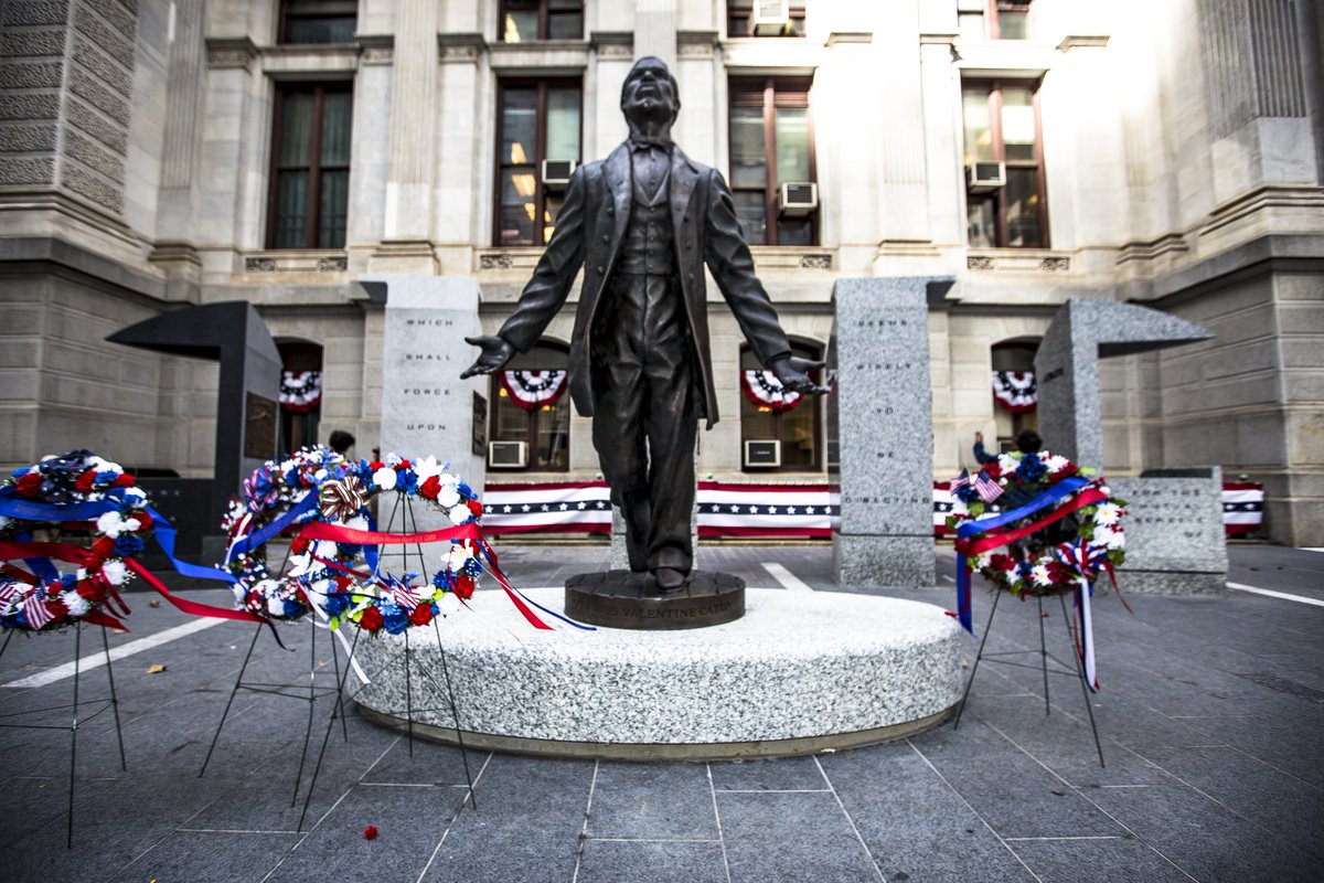philly311's tweet photo. Good morning! City Hall has a new addition: a statue of civil rights pioneer & Philly hero #OctaviusVCatto on the building's SW corner! https://t.co/7tcg8ITxXt