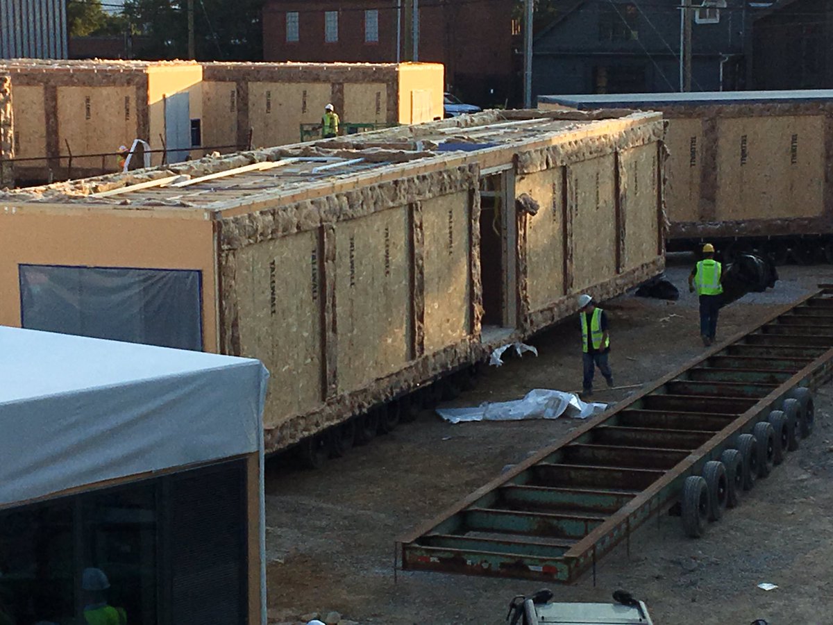 GregFischerLou's tweet photo. Check out stacking process @ACHotels in Nulu. Rooms are build off site &amp; stacked on top of each other saving time. Hotel opening this Spring https://t.co/pGi7fEao2I