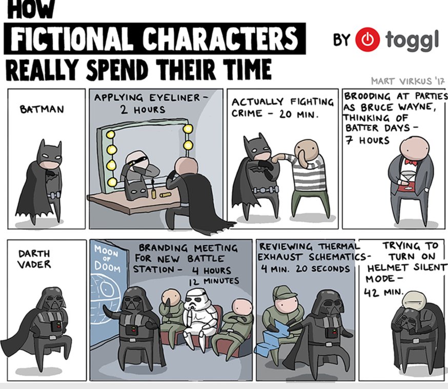 How do #Batman, #DarthVader, #WonderWoman spend their time?
<a href="/toggl/">Toggl</a>  doesn't spare any juicy details!
blog.toggl.com/fictional-char…