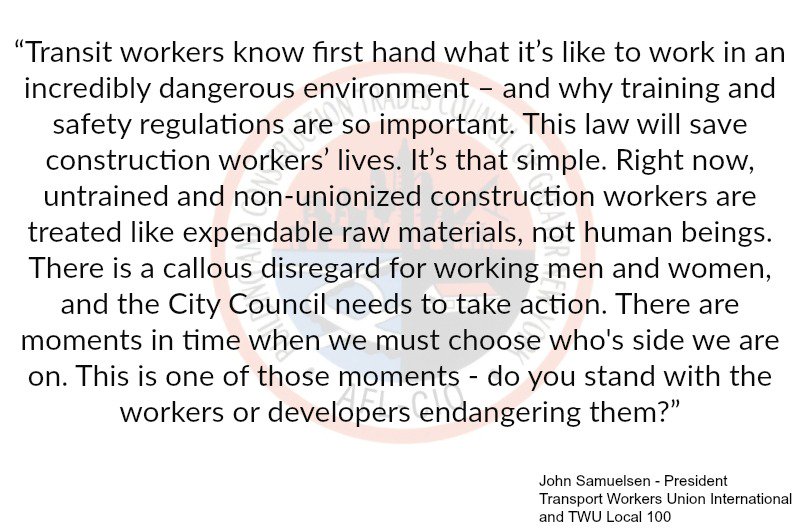 NYCBldgTrades's tweet photo. John Samuelsen, International President of @transportworker &amp; President of @TWULocal100 on need for safety + training regulations #Pass1447 https://t.co/n3kfNbeW5C