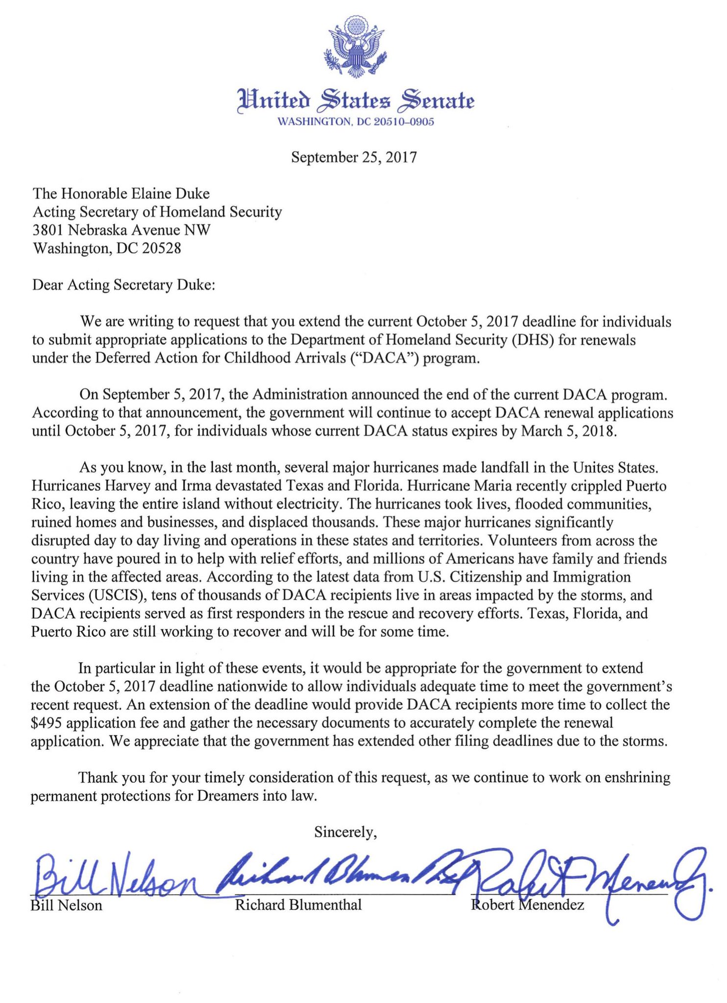 Senator Dick Durbin on Twitter: "I joined @BillNelson in requesting an extension of the October 5 DACA deadline. Urge @DHSGov to #Dreamers more time to their DACA https://t.co/nUkE1vurXo"