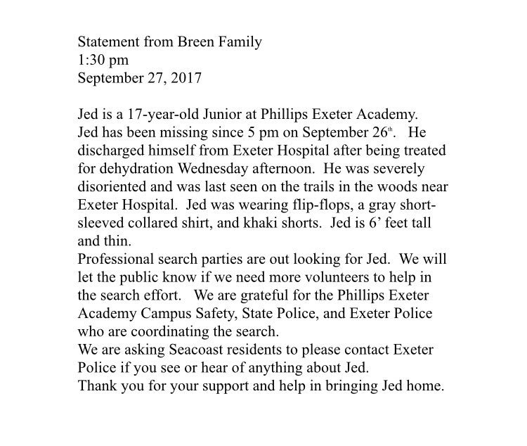 hbarndollar's tweet photo. Jed Breen's family has released a statement. @seacoastonline https://t.co/gKcqV86LS5