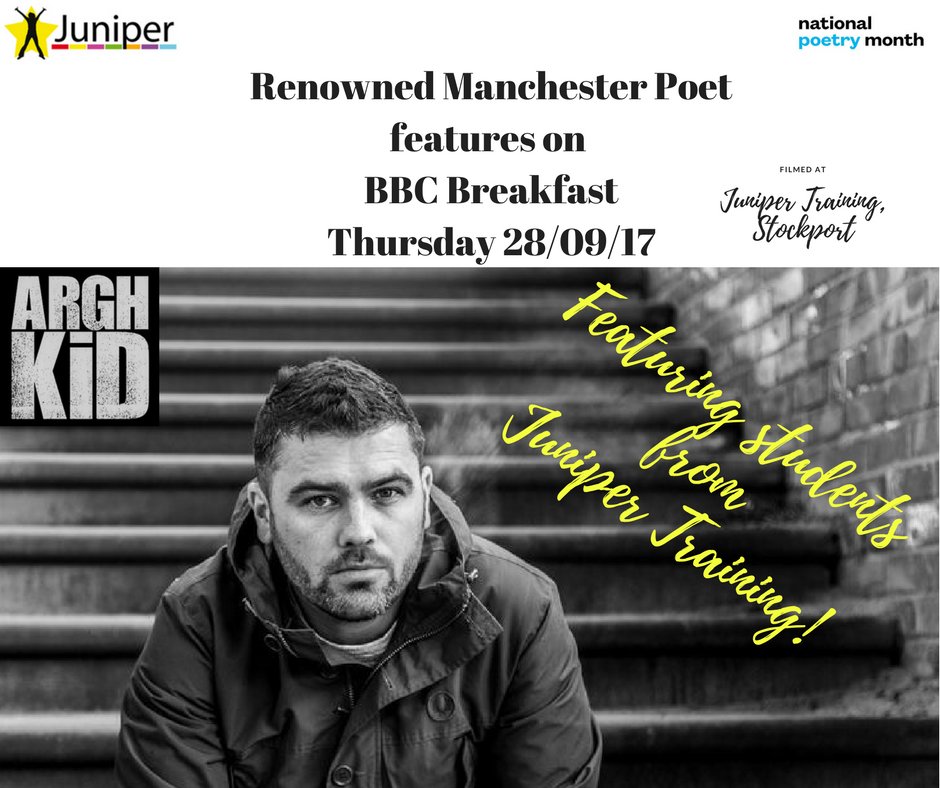 Juniperstock's tweet photo. Students from Juniper Training will be on BBC Breakfast with Manchester Poet @arghkid on Thur 28/09/17 to celebrate national poetry month! https://t.co/HyO3KFyDZn