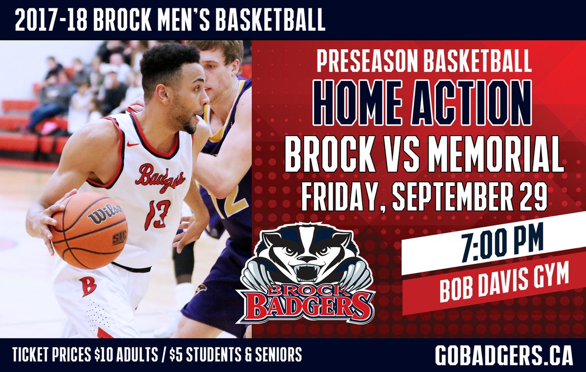 brockbadgers's tweet photo. @BrockMensBall hosts @MUNathletics Friday, September 29th at 7pm at the Bob Davis Gym. Tickets are $10 Adults &amp; $5 for students and seniors. https://t.co/aX2sQ5mvNg