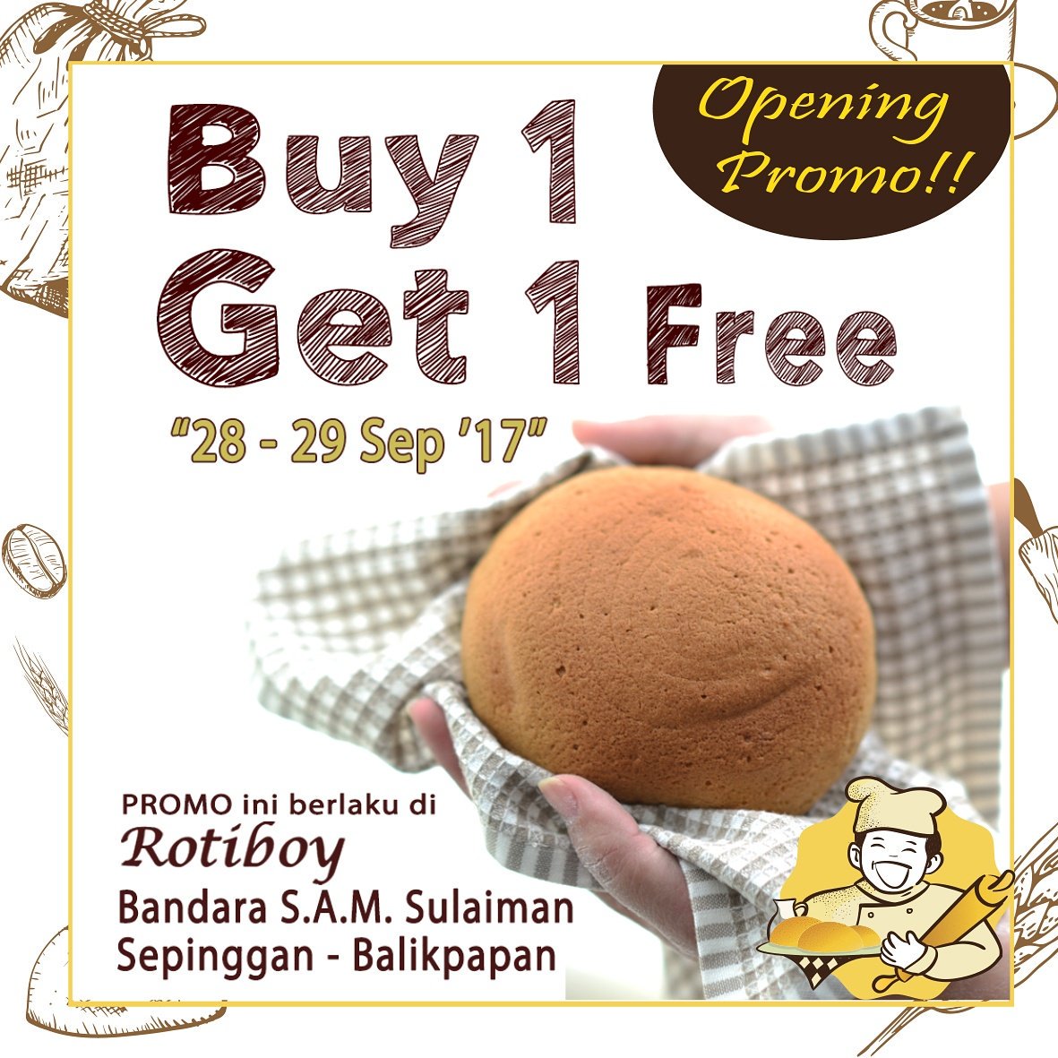 Rotiboy_ID's tweet photo. Dapatkan promo ini hanya di Rotiboy Bandara SAMS Sepinggan tepatnya di Area Kedatangan - Lt.1 dan di Boarding Area - Lt.2. https://t.co/xCRWZM1Jlp