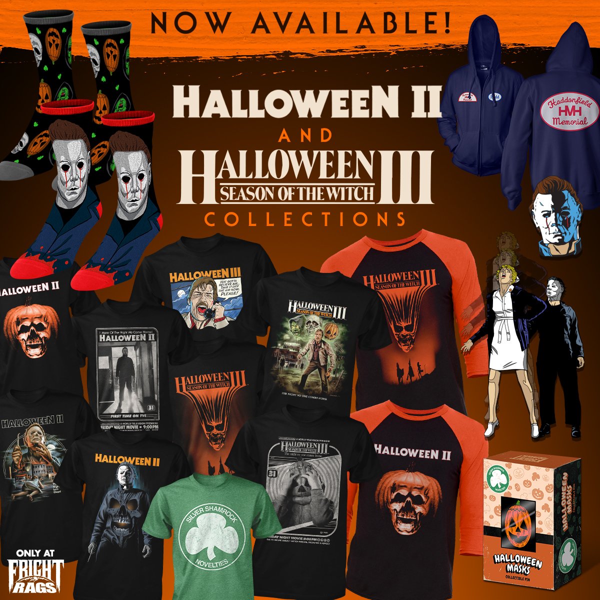 frightrags's tweet photo. MASSIVE Licensed HALLOWEEN II &amp; III Collections are NOW AVAILABLE! Tees! BBall Ts! Hoodie! Pins! Socks! Get em NOW! https://t.co/ufQU3cdDc9 https://t.co/fA0BuUuOWH