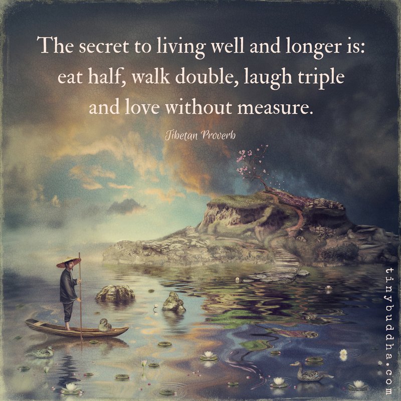 "The secret to living well and longer is: eat half, walk double, laugh triple, and love without measure." ~Tibetan Proverb