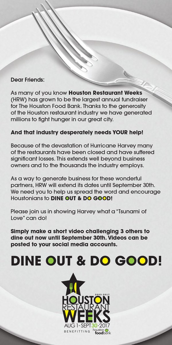 Fundraiser for the Houston Food Bank!Dine Out &amp; Do Good. <a href="/HoustonFoodBank/">Houston Food Bank</a>, <a href="/Fox26Houston/">FOX26Houston</a> conta.cc/2vSzVb4
