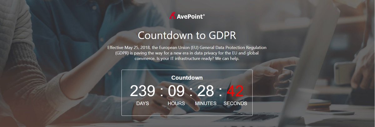 AvePoint's tweet photo. T-minus 239 days until #GDPR takes effect. Get your organization ready w/ our free resources: https://t.co/gmJk39kssc #MSIgnite https://t.co/k6eSo2dYDv