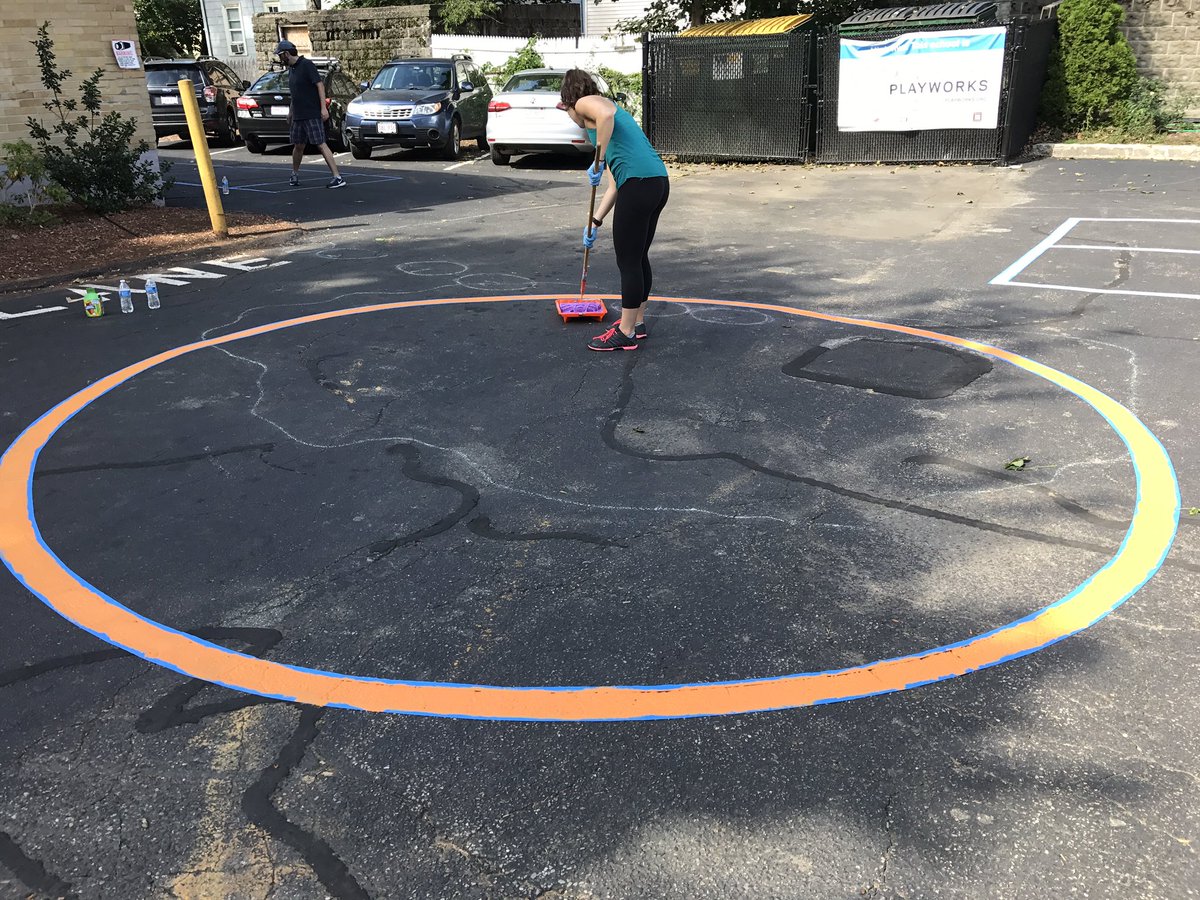 PlayworksNewEng's tweet photo. New relay race lines, circle area, kickball field, and four square court are underway! Thanks @Cone and @porternovelli! #RecessRules https://t.co/OCr10GpbsB