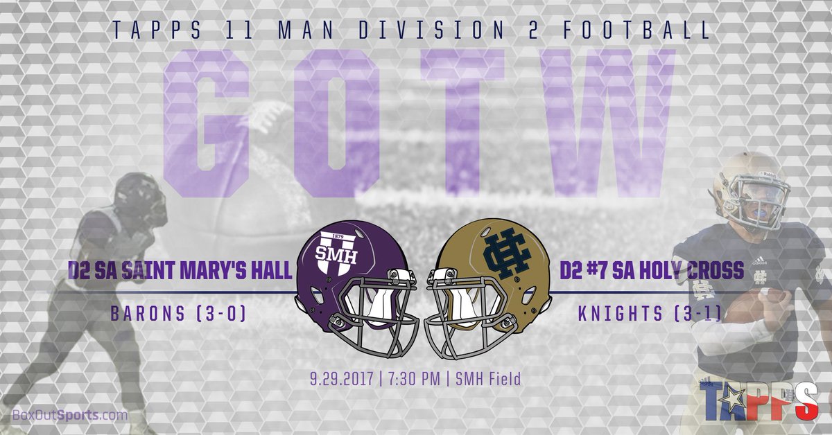 TAPPSbiz's tweet image. Announcing our 🏈 Games of the Week for Week 5! The 11 Man Div 2 GOTW will be a battle in San Antonio as D2 #7 @holycross_sa will travel to Lewis Field to take on D2 @SMH_Barons!
