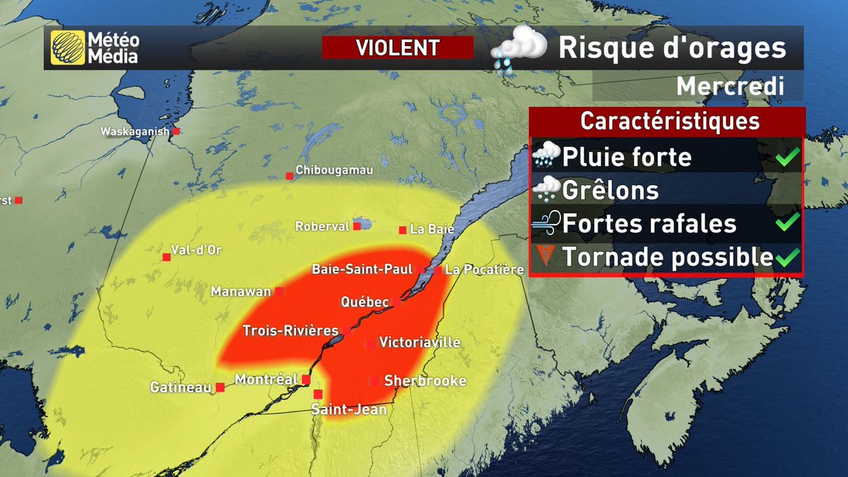 meteomedia's tweet photo. Risque d’orages violents aujourd’hui, et même de tornades. Plus de détails ici :  https://t.co/WpMQKvNJBb 🌩🌪 #OragesQc https://t.co/nDZ6FeCkLt