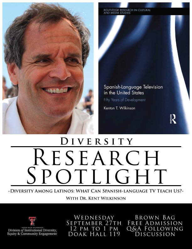 Join us today at 12pm with <a href="/KentWilkinson/">Kent Wilkinson</a> to discuss his research with Latinos &amp; Spanish-Language TV in Doak Hall 119.