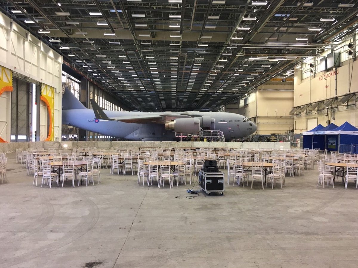 Setting up for the 100yr centennial event after party at <a href="/RAFBrizeNorton/">RAF Brize Norton</a> taking place tomorrow. First time in a hanger for us!
